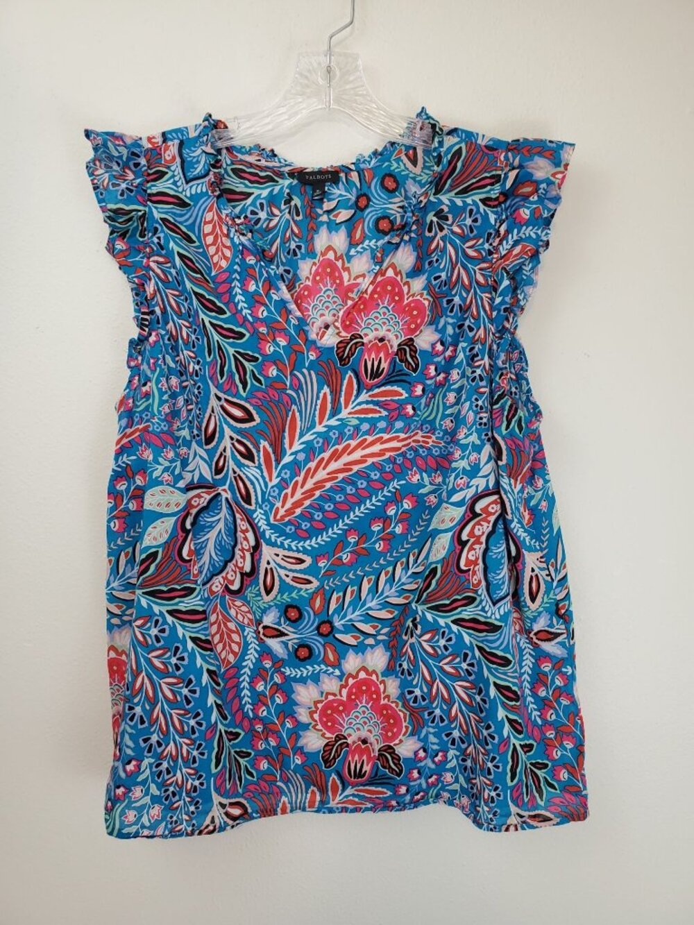 Talbots floral sleeveless V-neck blouse with ruffle trim